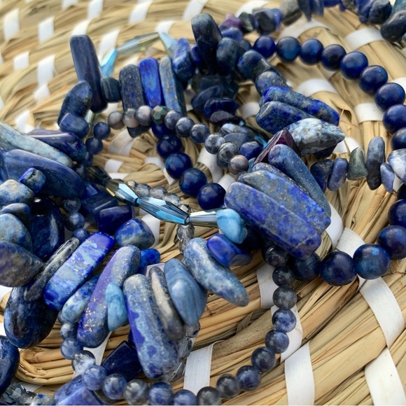Natural Dark Blue Lapis Lazuli & Sodalite Gemstone Mixed Bead Bracelet Stack - Picture 6 of 12